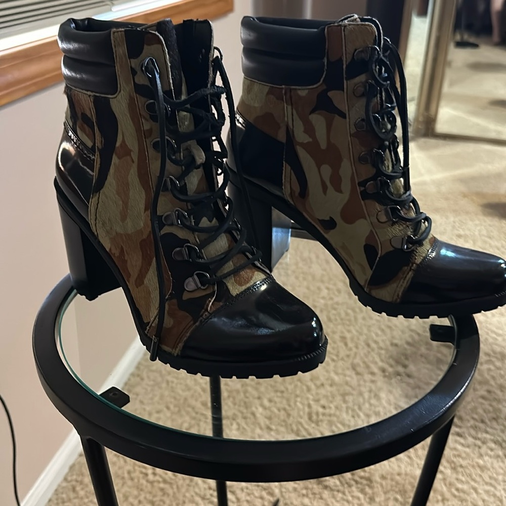Camouflage, Lisa boot patent leather toe, and heel 2 1/2 inch heel